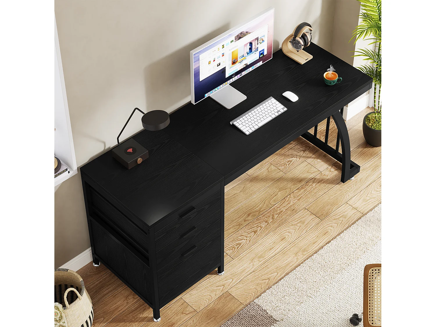 Bureau d'ordinateur à 3 tiroirs, 150 cm, tiroirs réversibles, bureau noir avec plateau de rangement