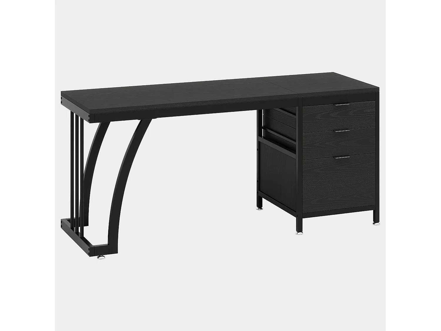 Bureau d'ordinateur à 3 tiroirs, 150 cm, tiroirs réversibles, bureau noir avec plateau de rangement