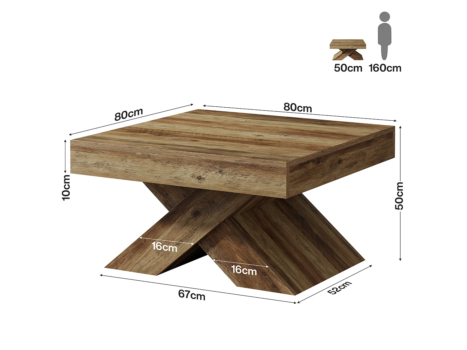 Table basse carrée de 80 cm avec piètement en X et grand plateau, style campagnard, en bois, idéale pour le salon