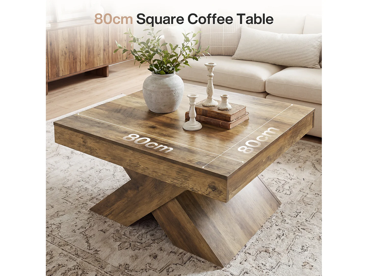 Table basse carrée de 80 cm avec piètement en X et grand plateau, style campagnard, en bois, idéale pour le salon