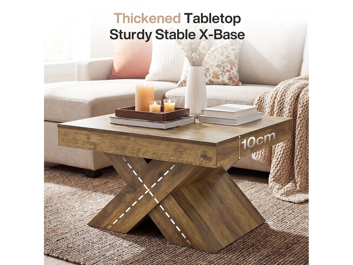Table basse carrée de 80 cm avec piètement en X et grand plateau, style campagnard, en bois, idéale pour le salon