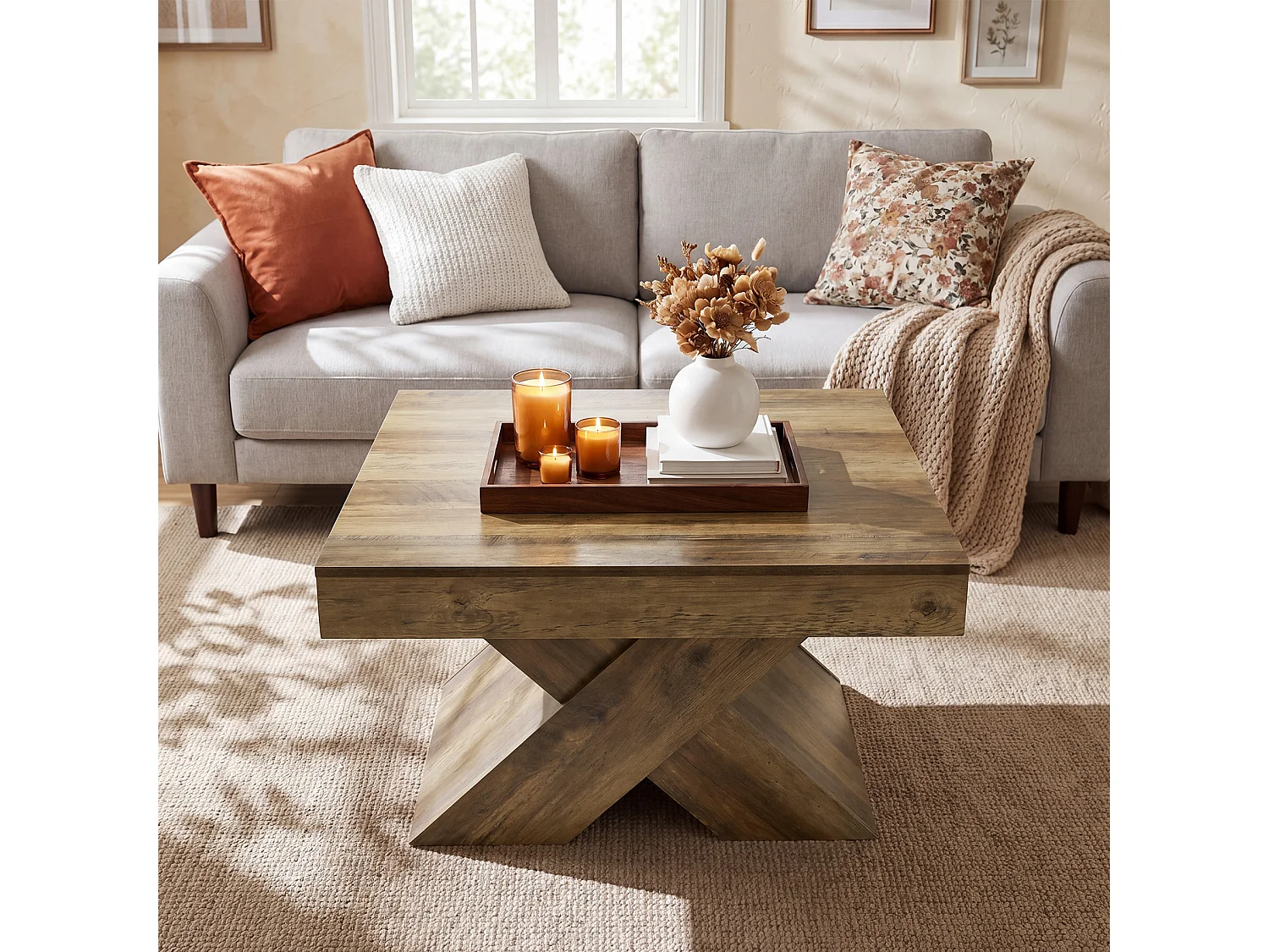 Table basse carrée de 80 cm avec piètement en X et grand plateau, style campagnard, en bois, idéale pour le salon