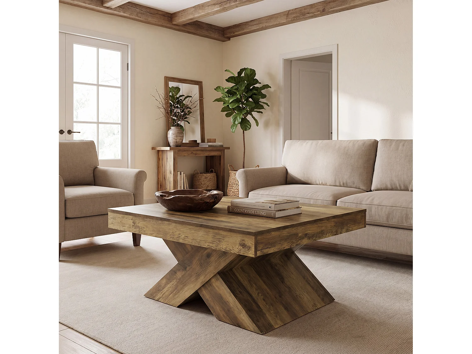 Table basse carrée de 80 cm avec piètement en X et grand plateau, style campagnard, en bois, idéale pour le salon