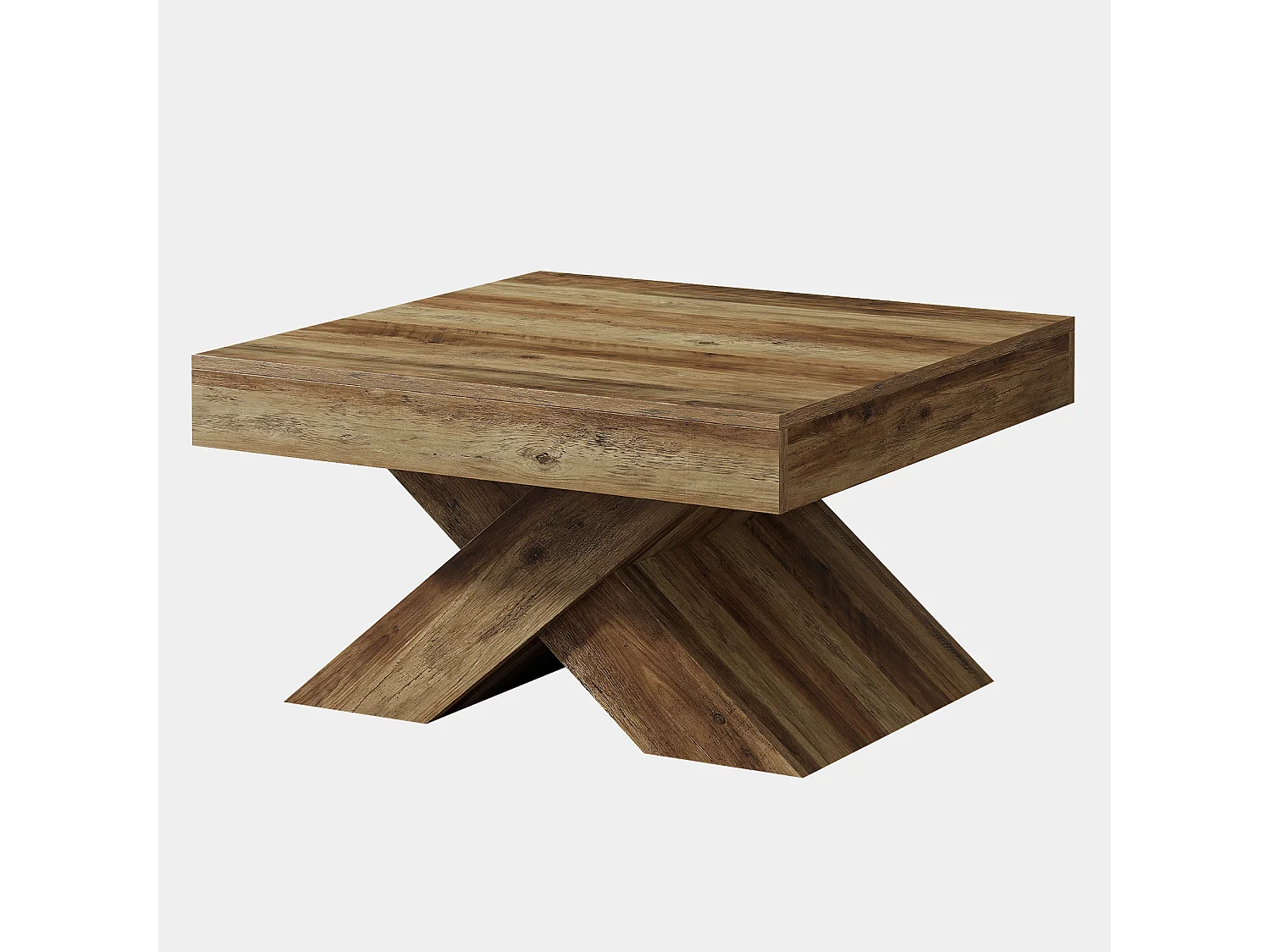 Table basse carrée de 80 cm avec piètement en X et grand plateau, style campagnard, en bois, idéale pour le salon