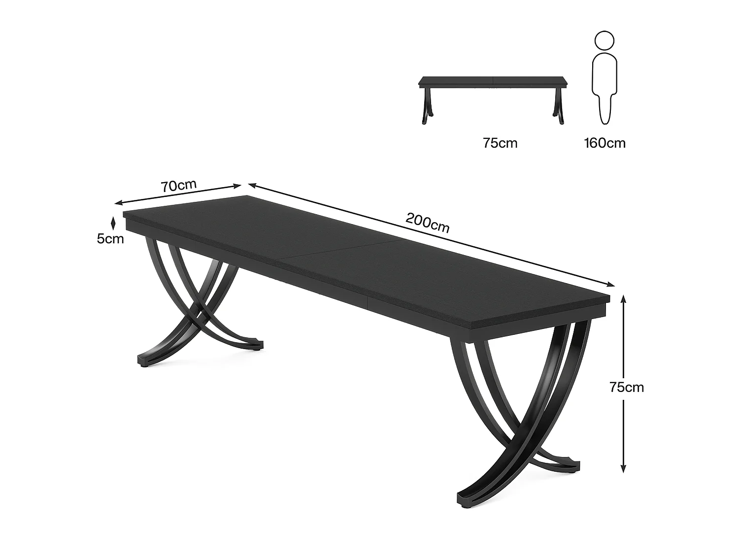 Bureau d'ordinateur 2 places, bureau extra long de 200 cm, grand bureau double pour deux personnes, noir