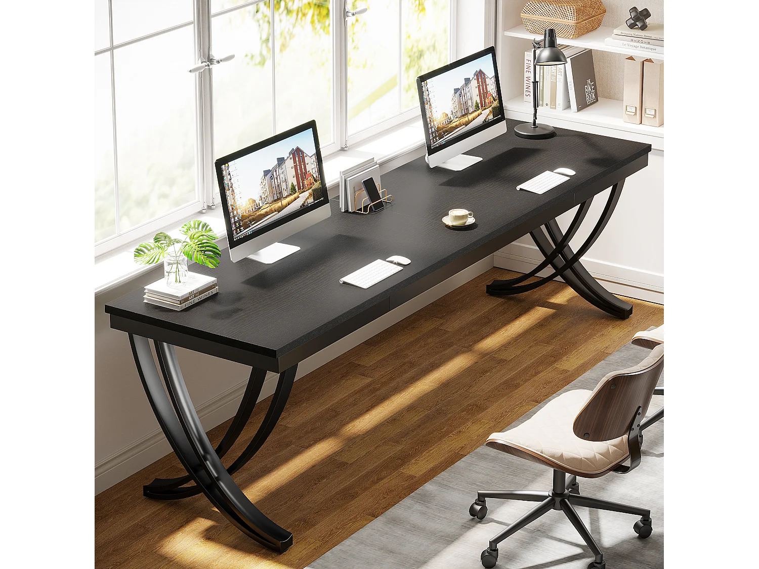 Bureau d'ordinateur 2 places, bureau extra long de 200 cm, grand bureau double pour deux personnes, noir