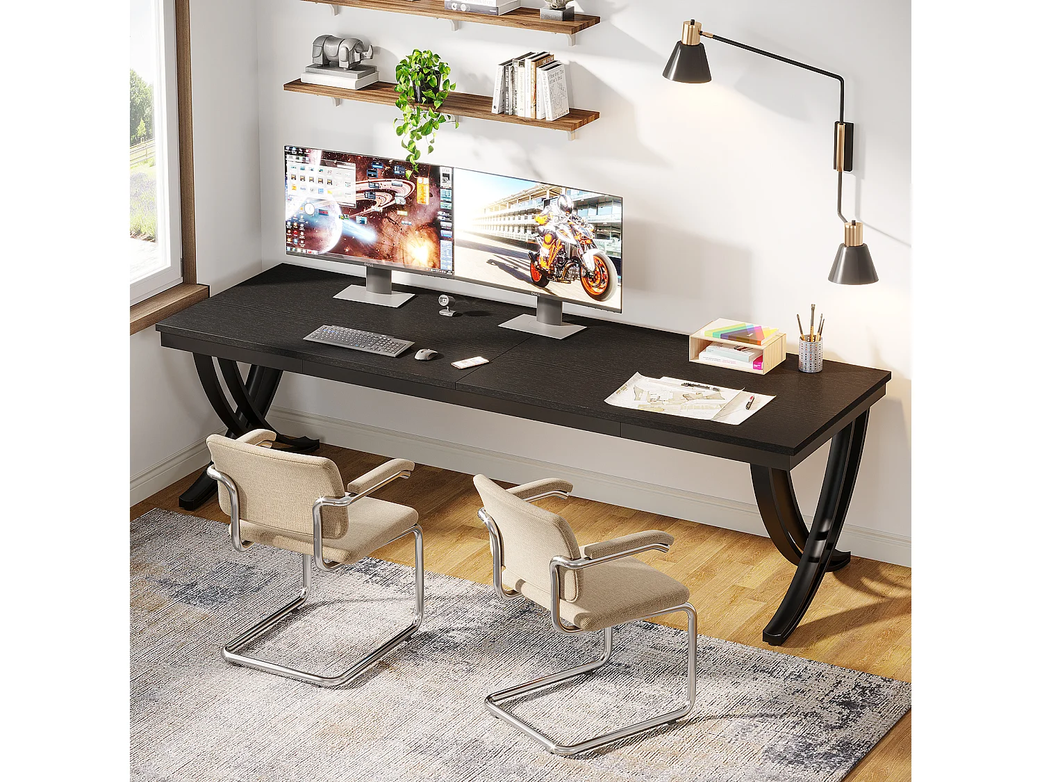 Bureau d'ordinateur 2 places, bureau extra long de 200 cm, grand bureau double pour deux personnes, noir