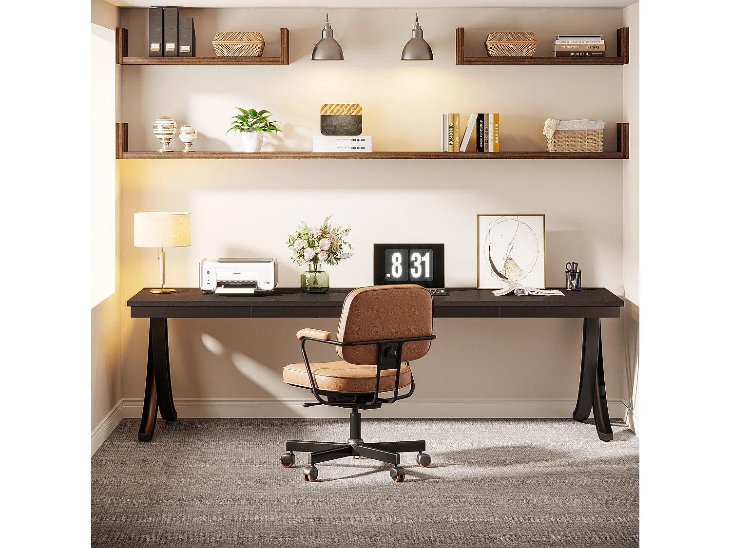 Bureau d'ordinateur 2 places, bureau extra long de 200 cm, grand bureau double pour deux personnes, noir