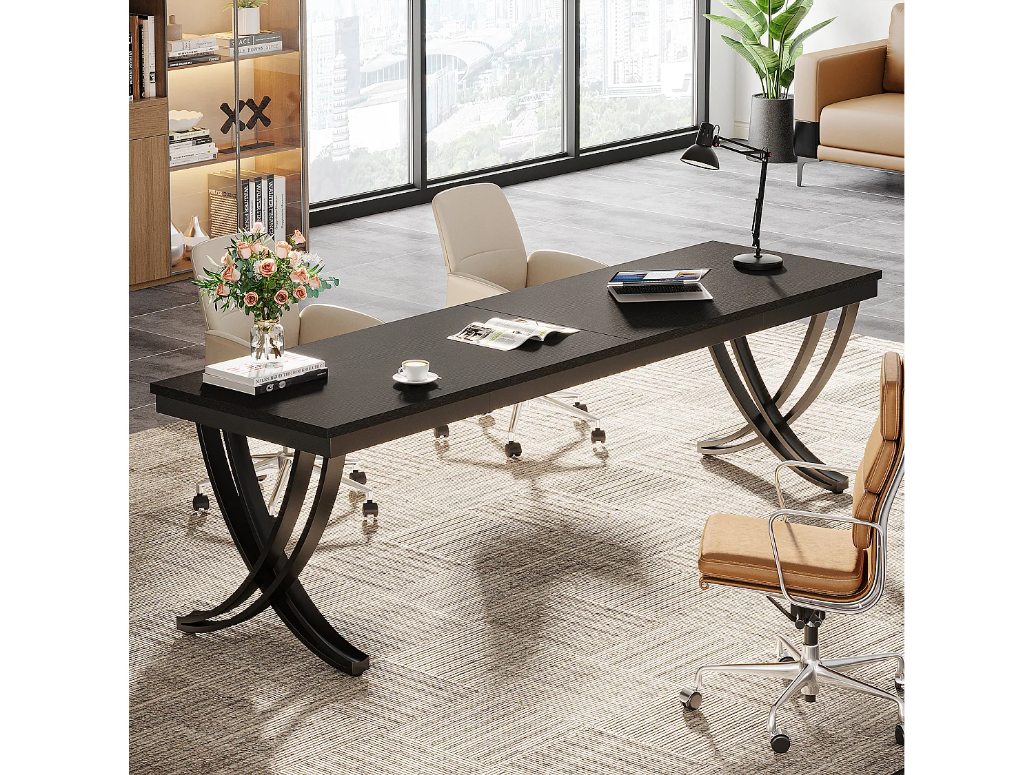 Bureau d'ordinateur 2 places, bureau extra long de 200 cm, grand bureau double pour deux personnes, noir