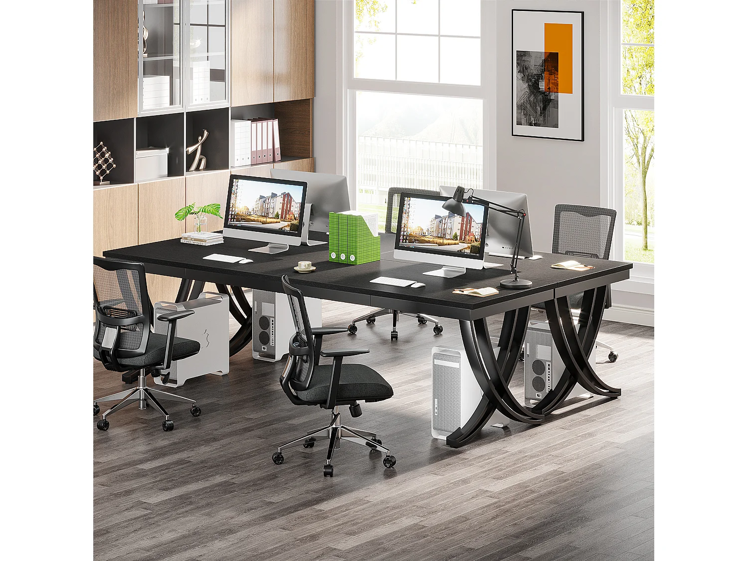 Bureau d'ordinateur 2 places, bureau extra long de 200 cm, grand bureau double pour deux personnes, noir