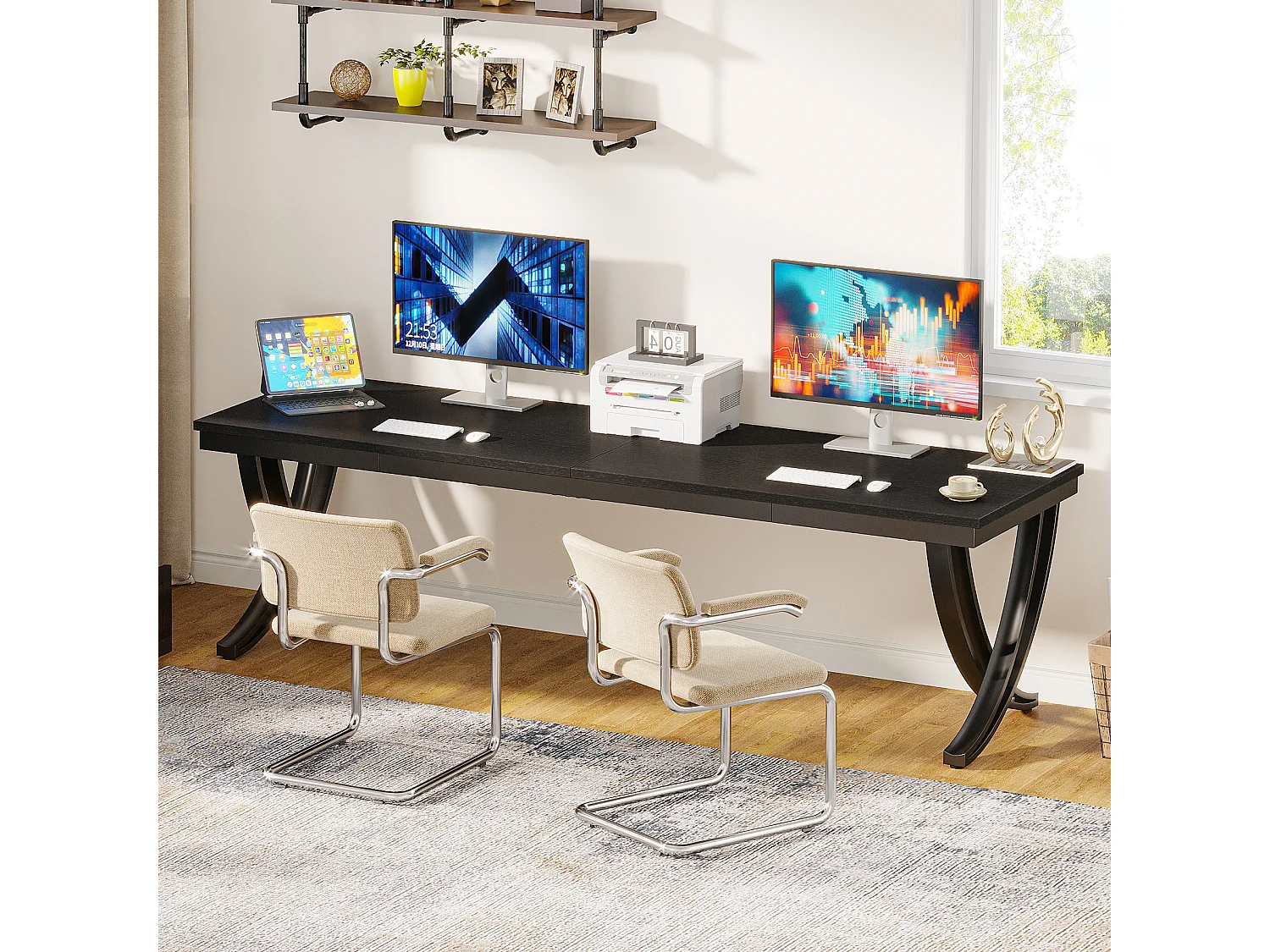 Bureau d'ordinateur 2 places, bureau extra long de 200 cm, grand bureau double pour deux personnes, noir