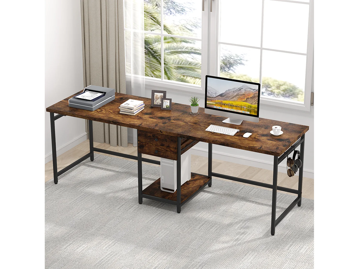Bureau deux places de 200 cm avec tiroir de rangement, bureau long pour deux personnes, marron rustique