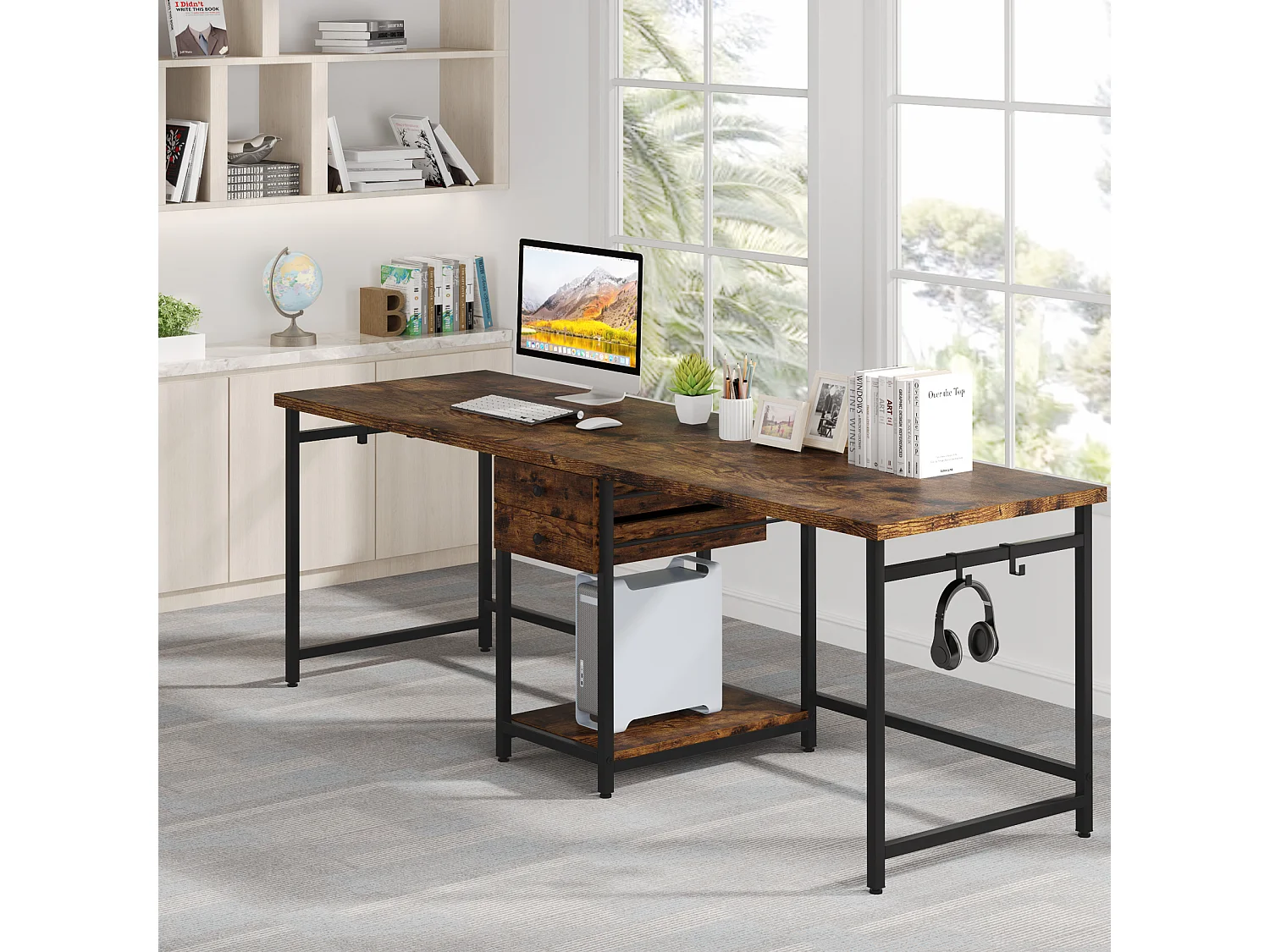 Bureau deux places de 200 cm avec tiroir de rangement, bureau long pour deux personnes, marron rustique