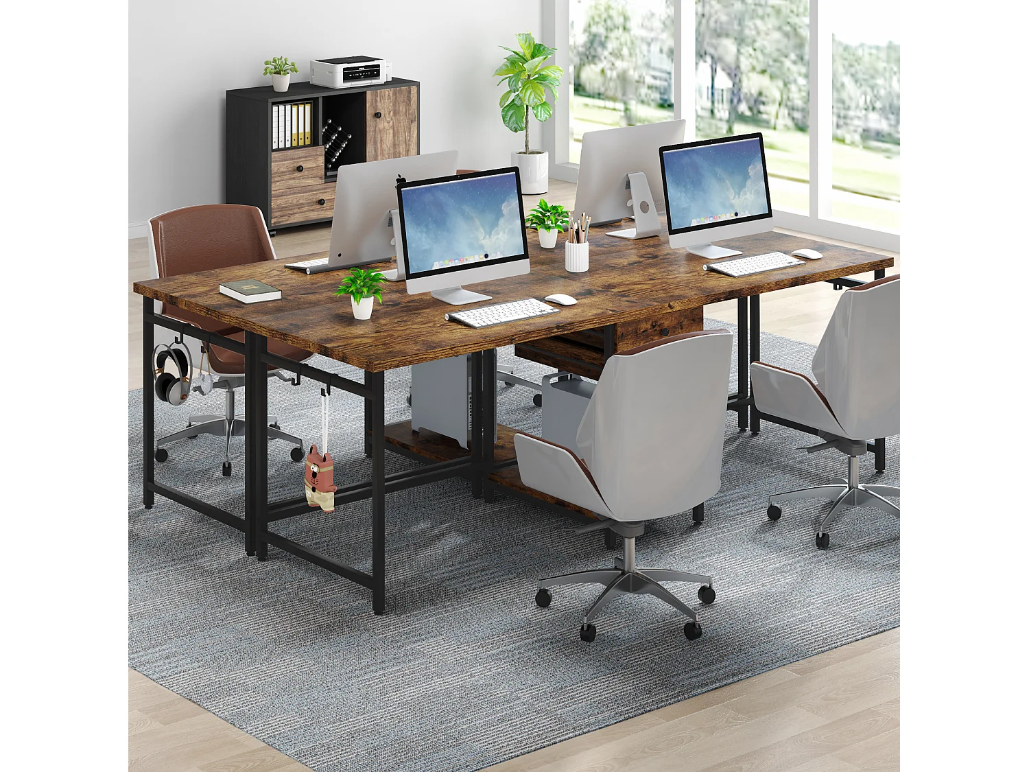 Bureau deux places de 200 cm avec tiroir de rangement, bureau long pour deux personnes, marron rustique