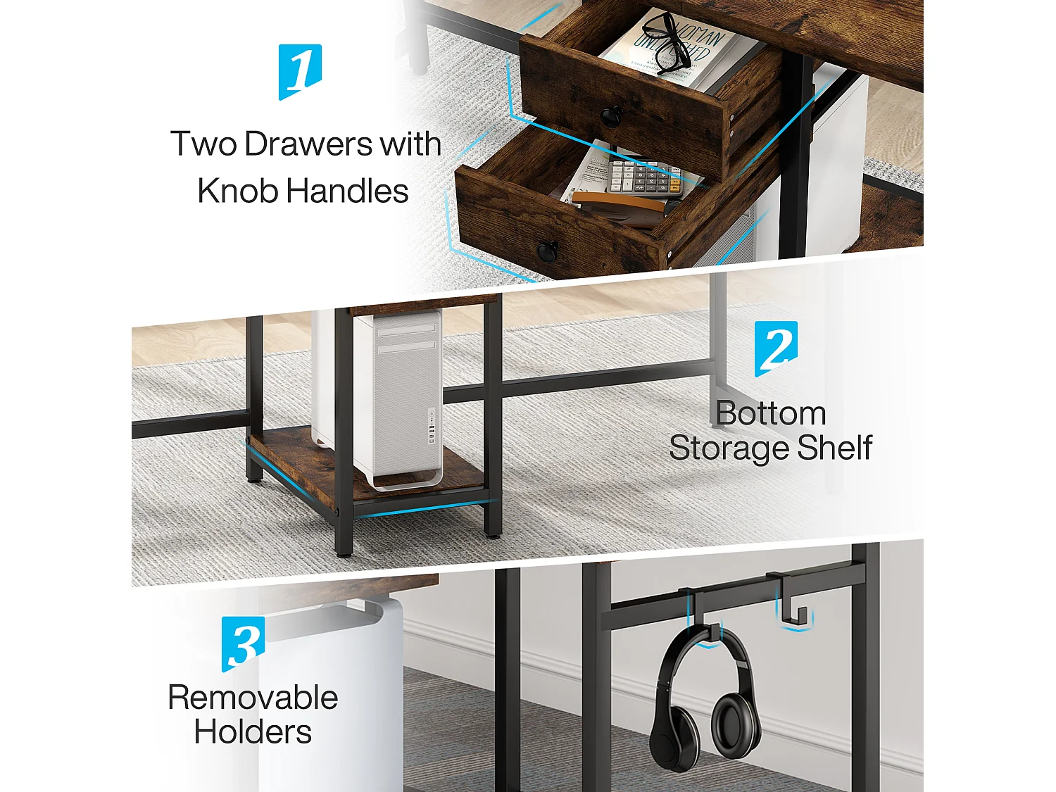 Bureau deux places de 200 cm avec tiroir de rangement, bureau long pour deux personnes, marron rustique
