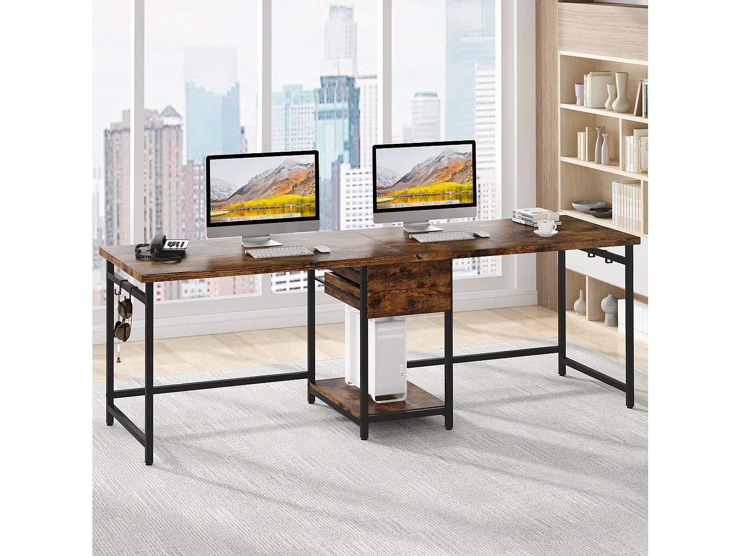 Bureau deux places de 200 cm avec tiroir de rangement, bureau long pour deux personnes, marron rustique