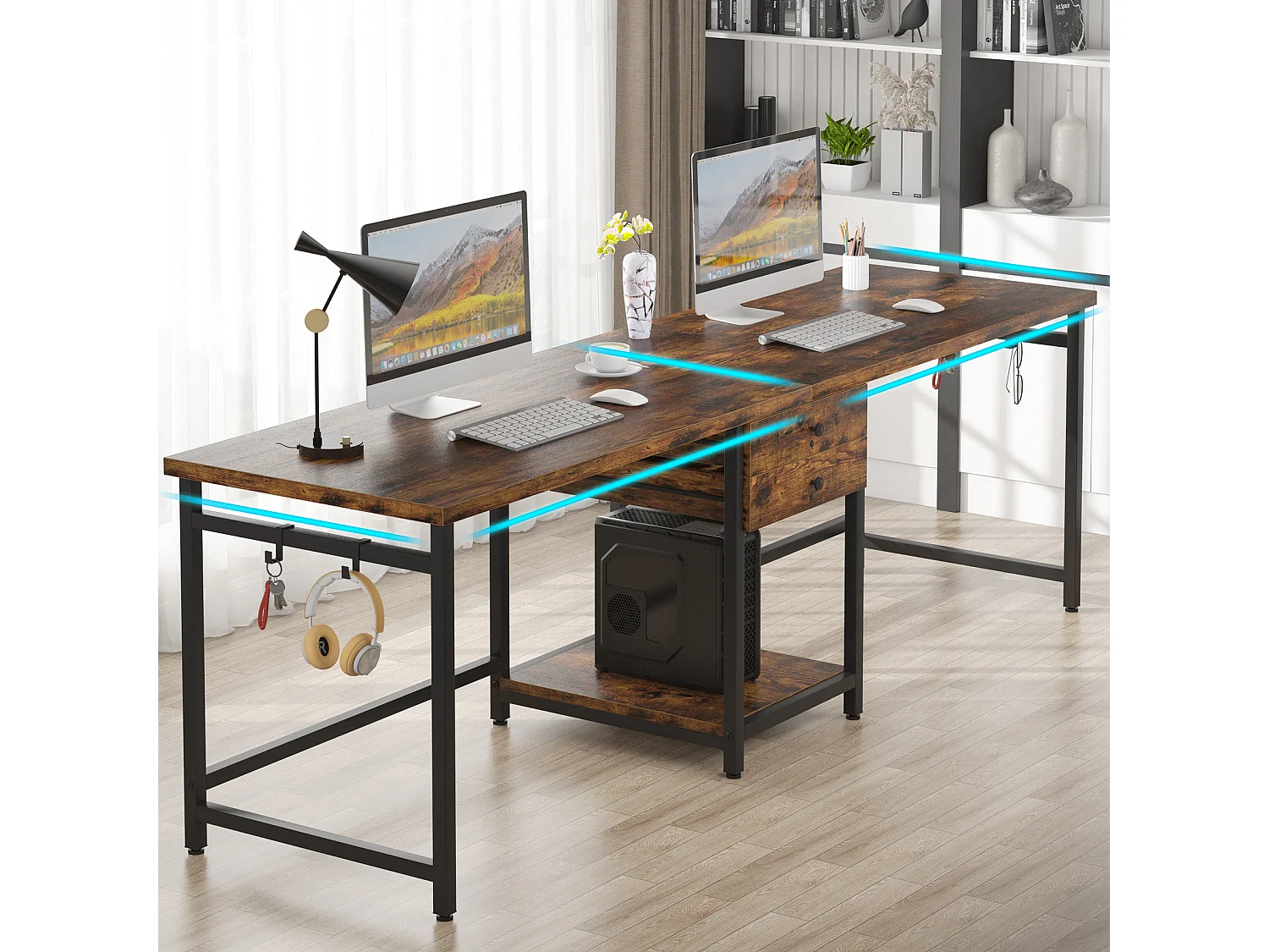 Bureau deux places de 200 cm avec tiroir de rangement, bureau long pour deux personnes, marron rustique