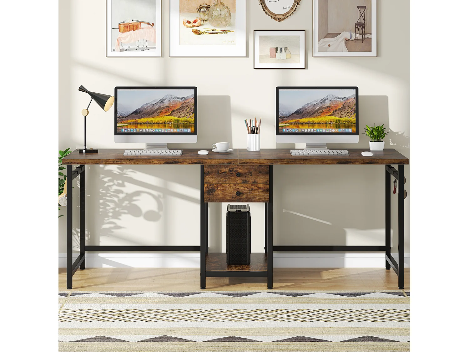 Bureau deux places de 200 cm avec tiroir de rangement, bureau long pour deux personnes, marron rustique