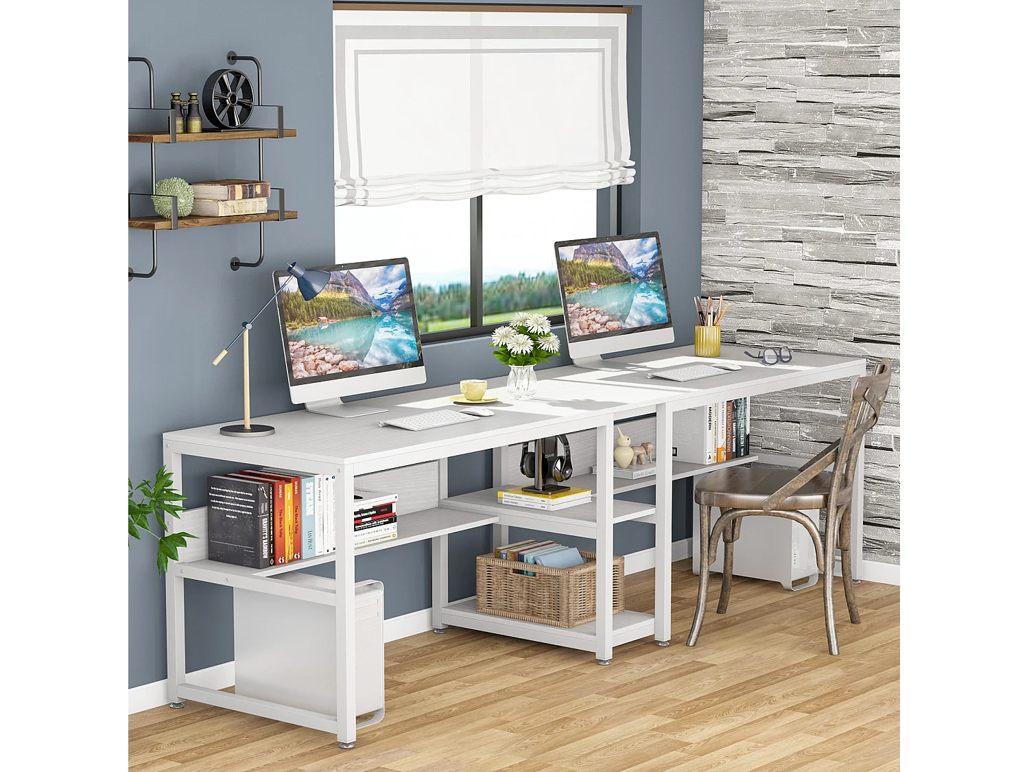 Bureau deux places de 200 cm avec tiroir de rangement, bureau long pour deux personnes, blanc