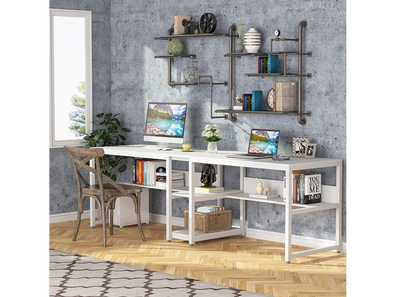 Bureau deux places de 200 cm avec tiroir de rangement, bureau long pour deux personnes, blanc