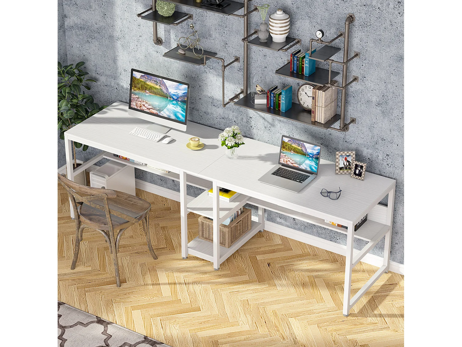 Bureau deux places de 200 cm avec tiroir de rangement, bureau long pour deux personnes, blanc