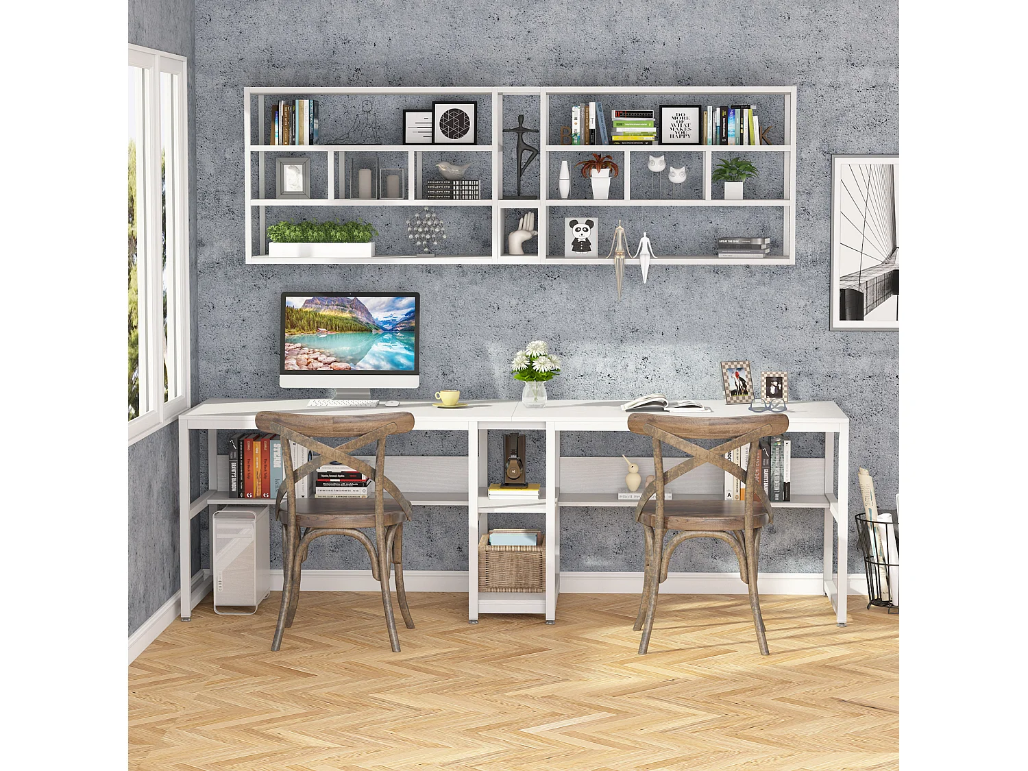 Bureau deux places de 200 cm avec tiroir de rangement, bureau long pour deux personnes, blanc