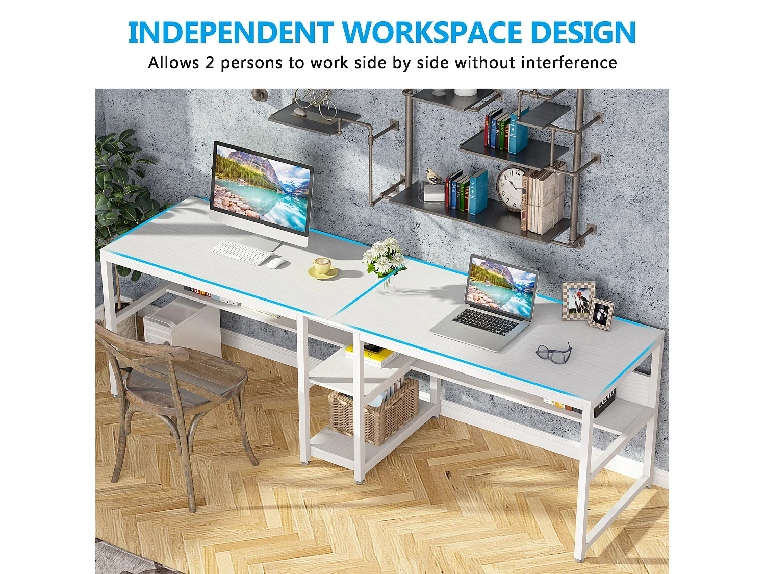 Bureau deux places de 200 cm avec tiroir de rangement, bureau long pour deux personnes, blanc