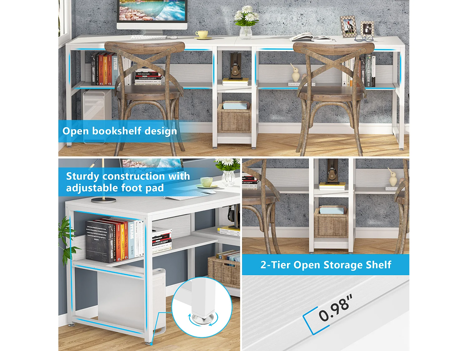 Bureau deux places de 200 cm avec tiroir de rangement, bureau long pour deux personnes, blanc