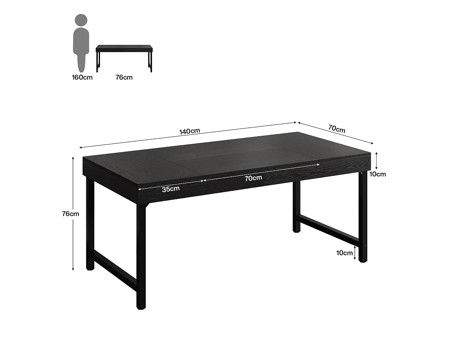 Bureau de direction rectangulaire avec pieds en métal, idéal pour le télétravail ou le travail à domicile Table d'étude simple pour ordinateur portable, noir