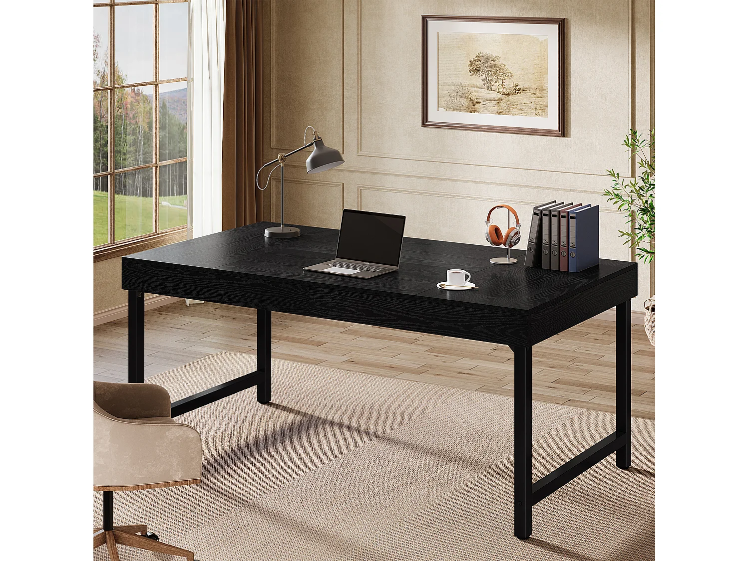 Bureau de direction rectangulaire avec pieds en métal, idéal pour le télétravail ou le travail à domicile Table d'étude simple pour ordinateur portable, noir