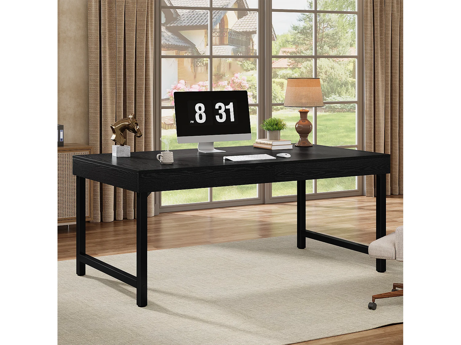 Bureau de direction rectangulaire avec pieds en métal, idéal pour le télétravail ou le travail à domicile Table d'étude simple pour ordinateur portable, noir