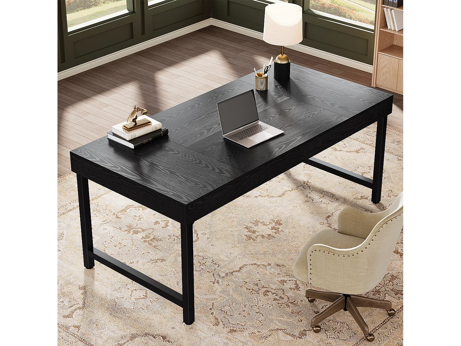 Bureau de direction rectangulaire avec pieds en métal, idéal pour le télétravail ou le travail à domicile Table d'étude simple pour ordinateur portable, noir