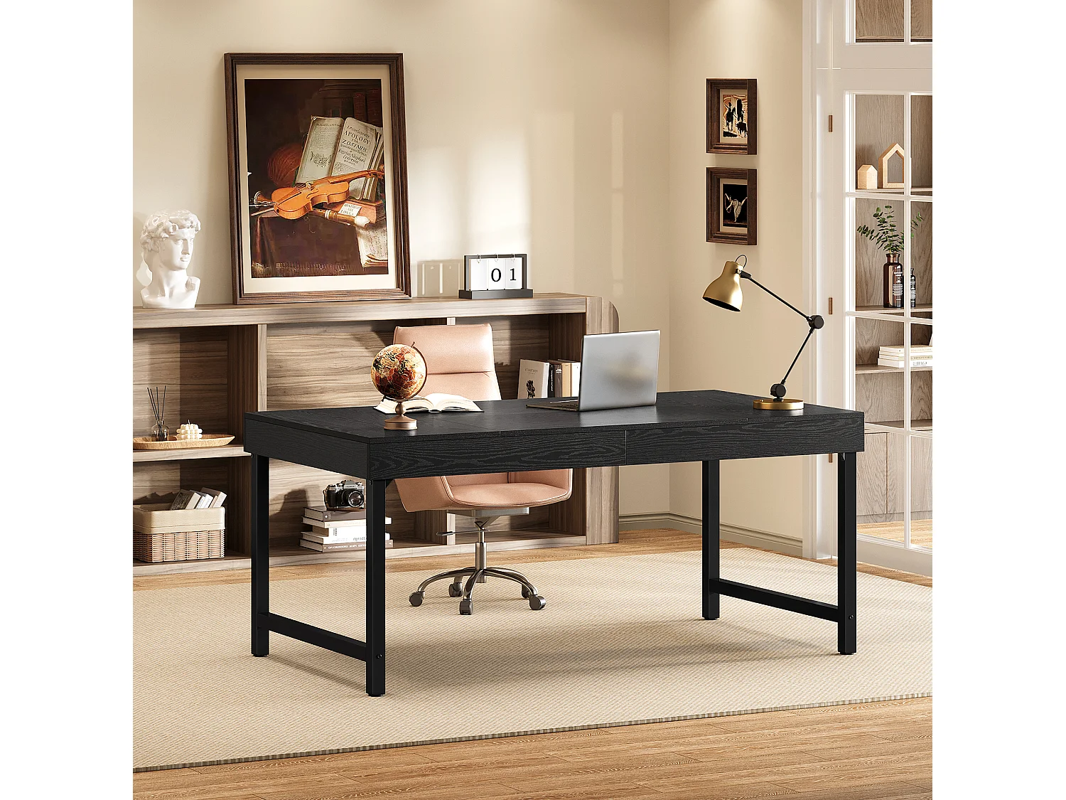Bureau de direction rectangulaire avec pieds en métal, idéal pour le télétravail ou le travail à domicile Table d'étude simple pour ordinateur portable, noir