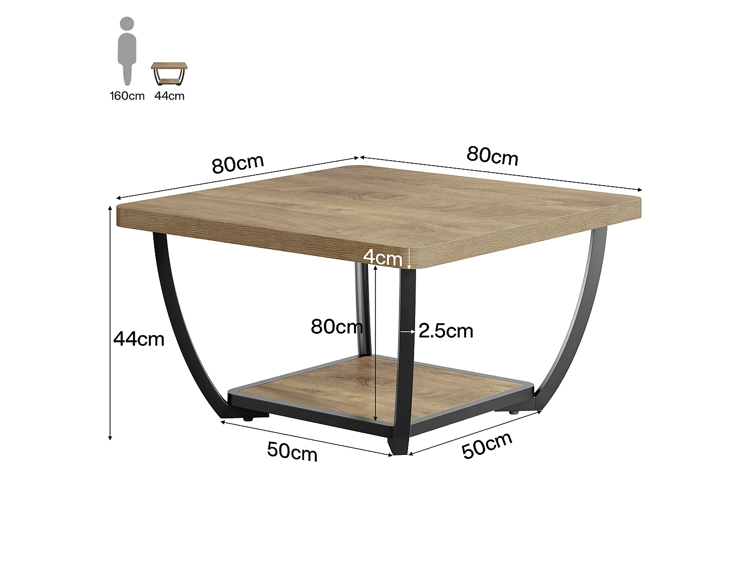 Table basse carrée de 80 cm avec étagères de rangement, table basse d'appoint à 2 niveaux