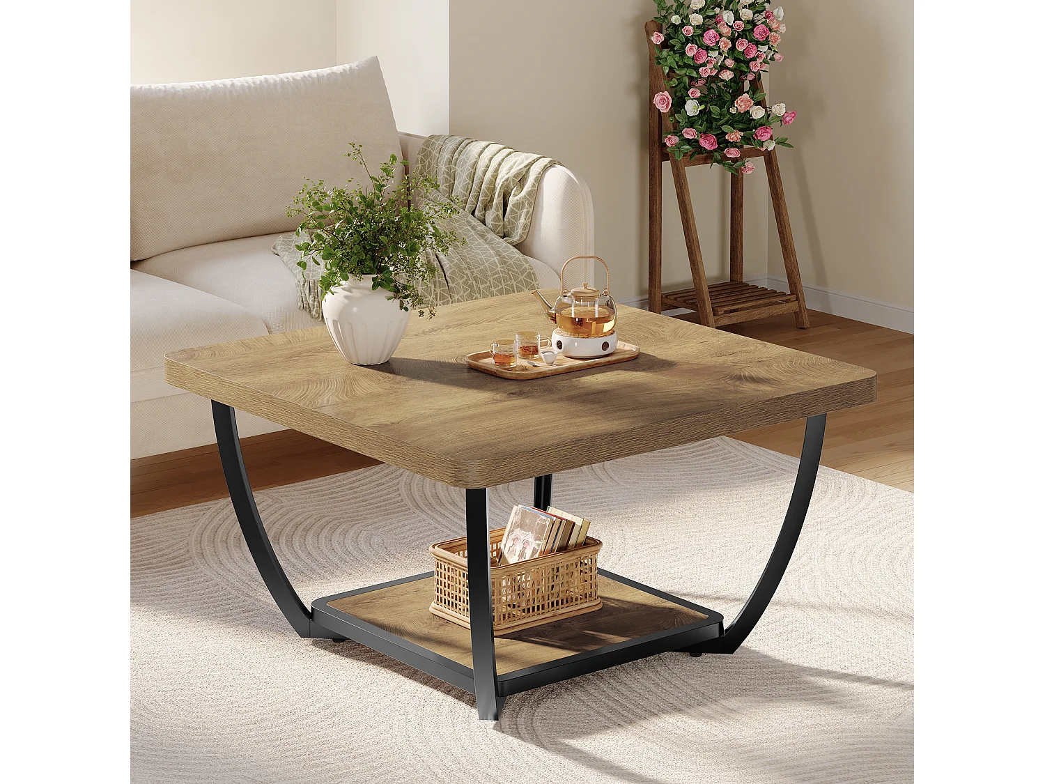 Table basse carrée de 80 cm avec étagères de rangement, table basse d'appoint à 2 niveaux