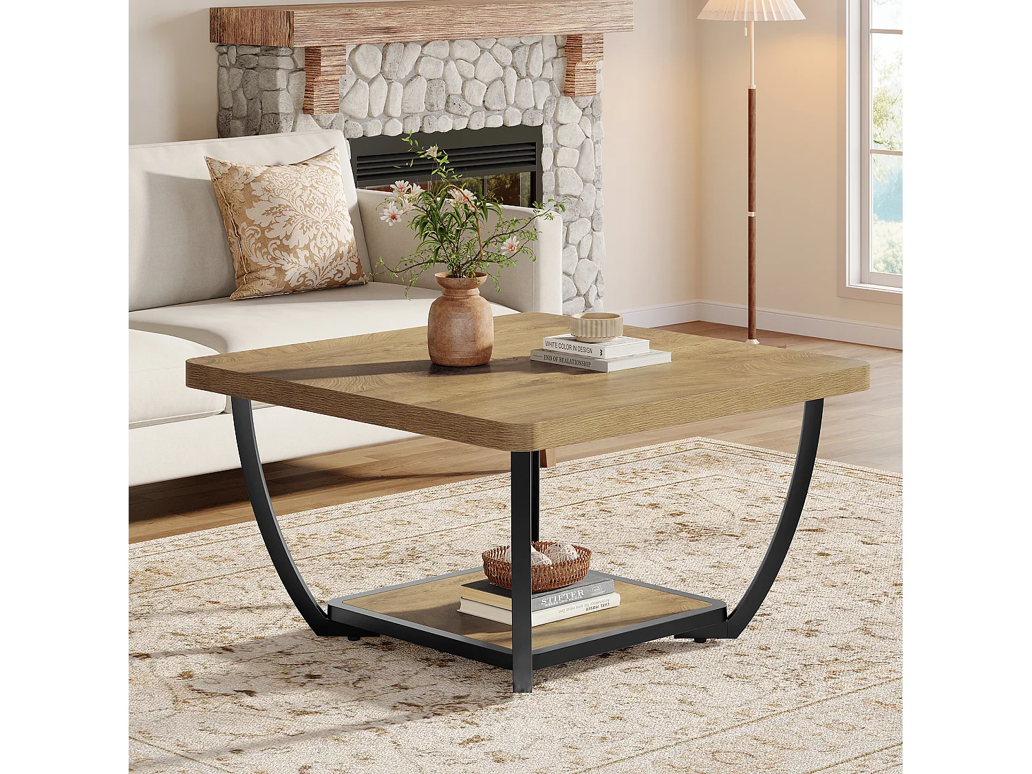Table basse carrée de 80 cm avec étagères de rangement, table basse d'appoint à 2 niveaux