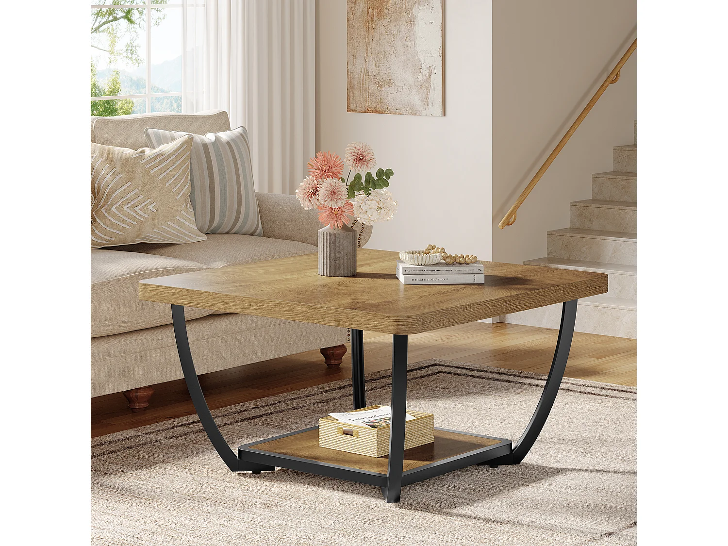 Table basse carrée de 80 cm avec étagères de rangement, table basse d'appoint à 2 niveaux
