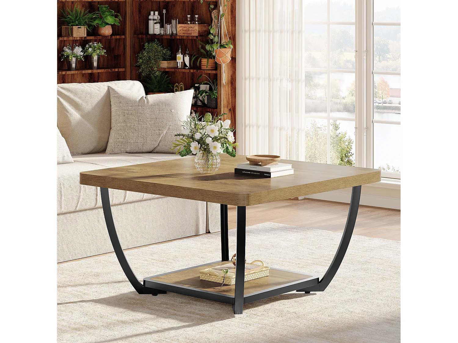Table basse carrée de 80 cm avec étagères de rangement, table basse d'appoint à 2 niveaux