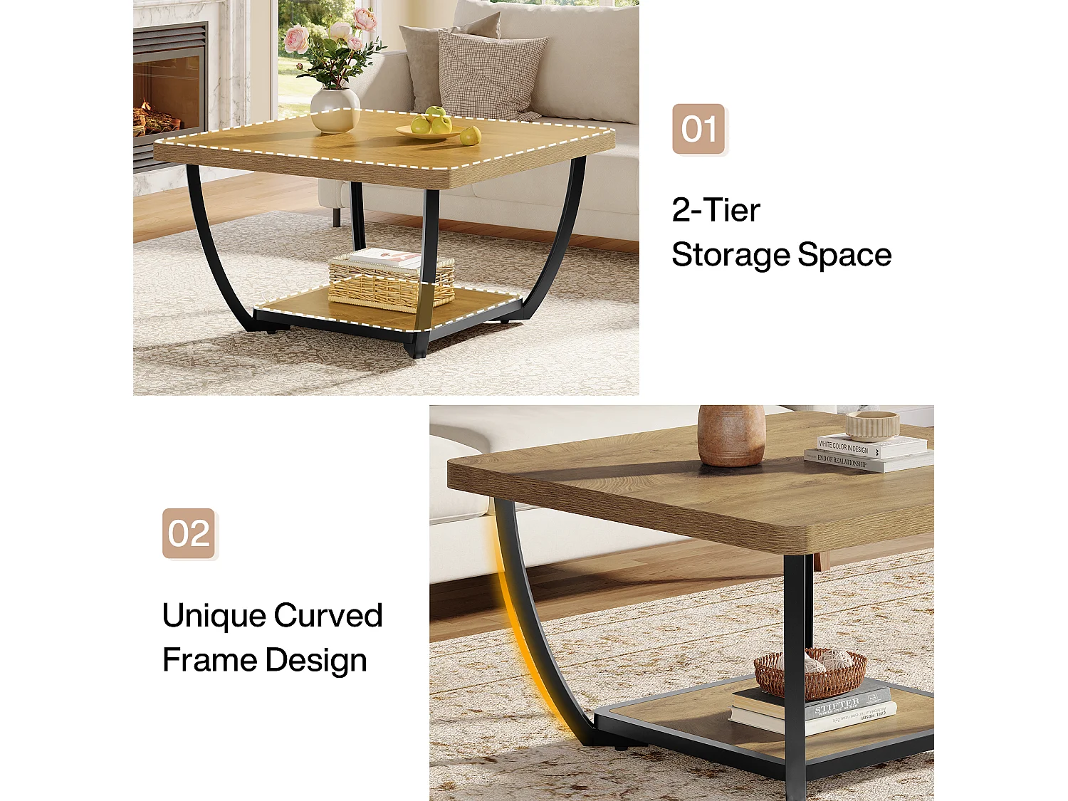 Table basse carrée de 80 cm avec étagères de rangement, table basse d'appoint à 2 niveaux