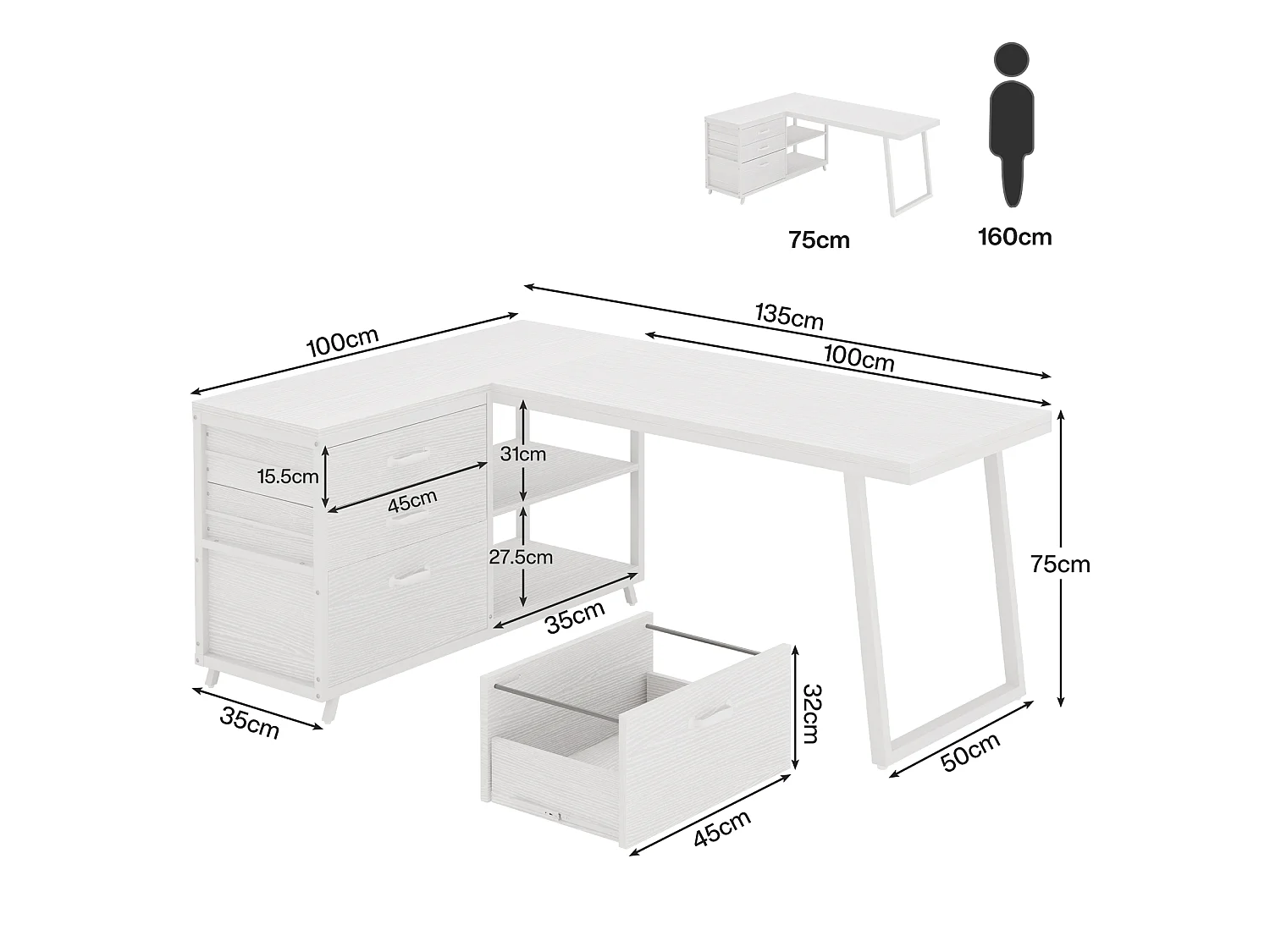 Bureau d'angle réversible en forme de L avec 3 tiroirs à dossiers suspendus et 2 étagères de rangement, blanc