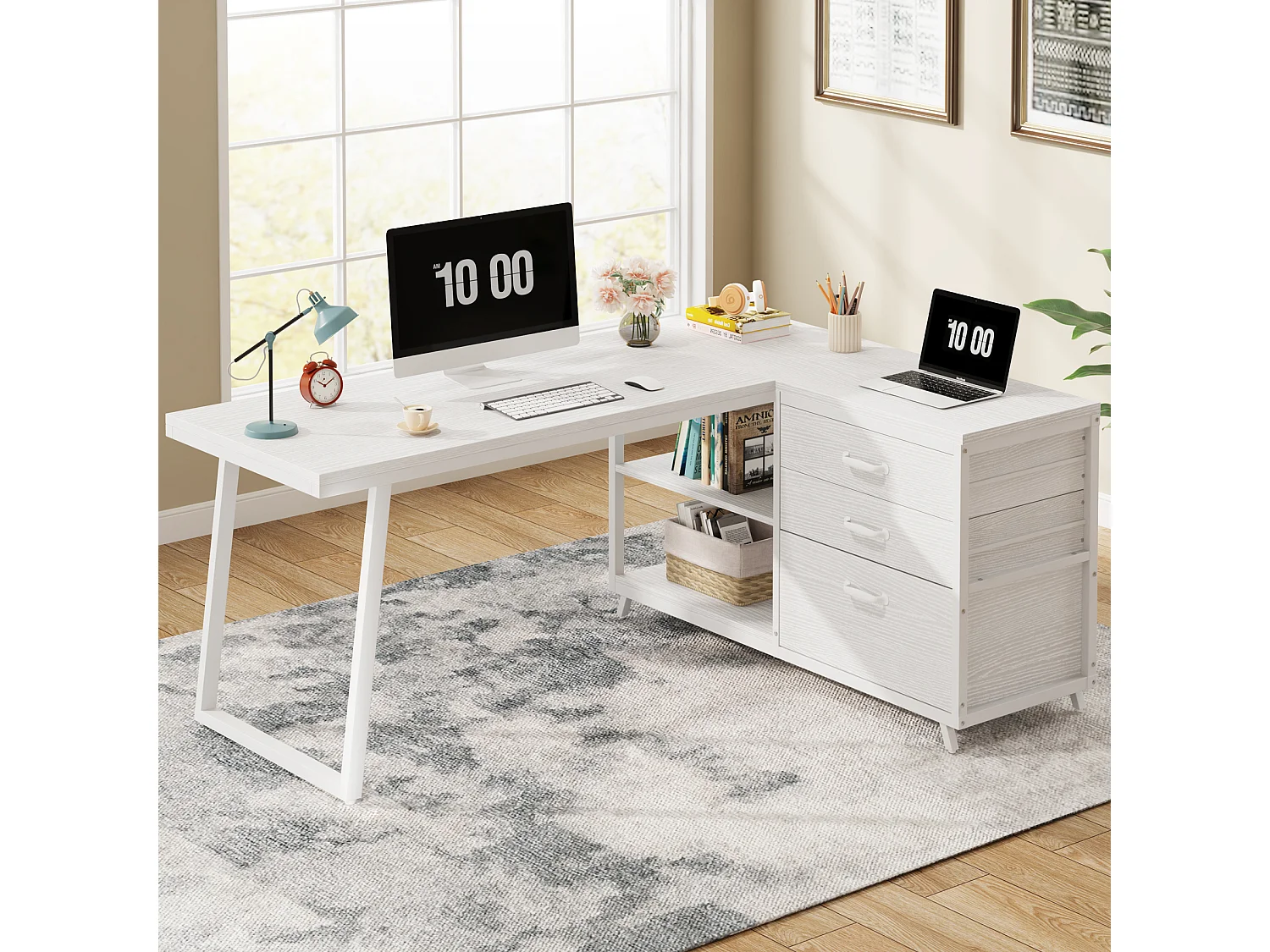 Bureau d'angle réversible en forme de L avec 3 tiroirs à dossiers suspendus et 2 étagères de rangement, blanc