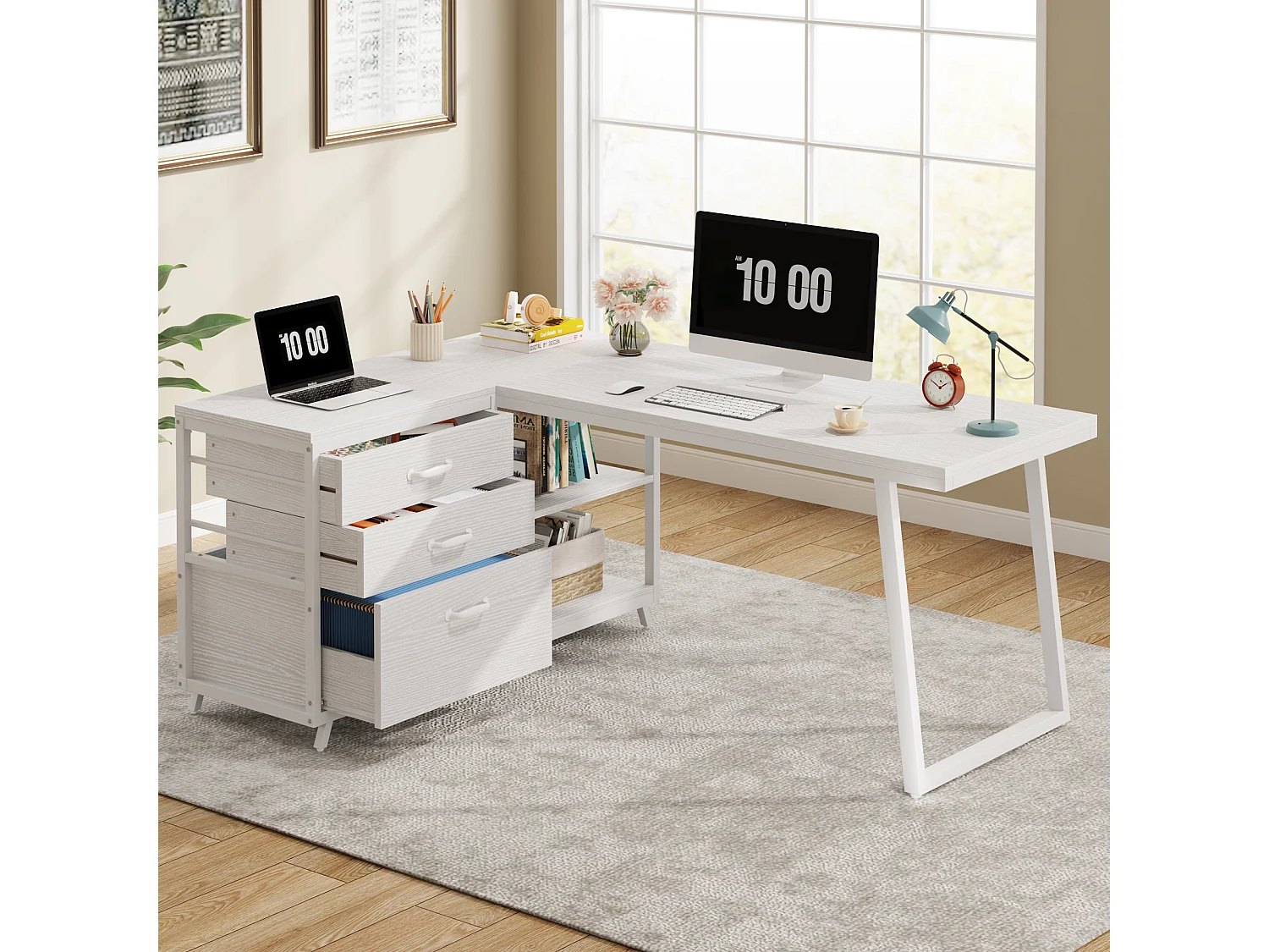 Bureau d'angle réversible en forme de L avec 3 tiroirs à dossiers suspendus et 2 étagères de rangement, blanc