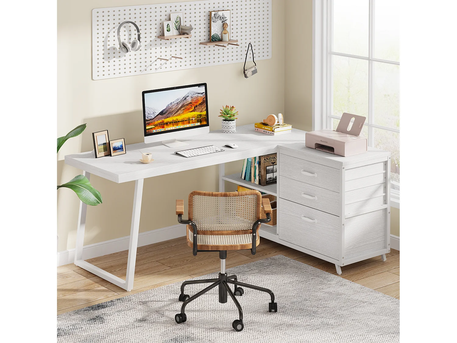 Bureau d'angle réversible en forme de L avec 3 tiroirs à dossiers suspendus et 2 étagères de rangement, blanc