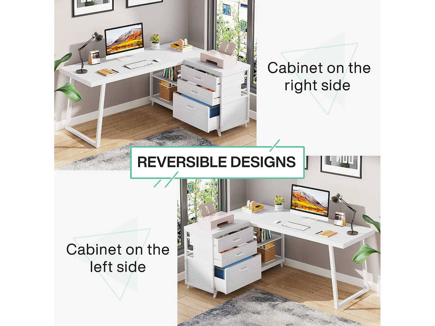 Bureau d'angle réversible en forme de L avec 3 tiroirs à dossiers suspendus et 2 étagères de rangement, blanc