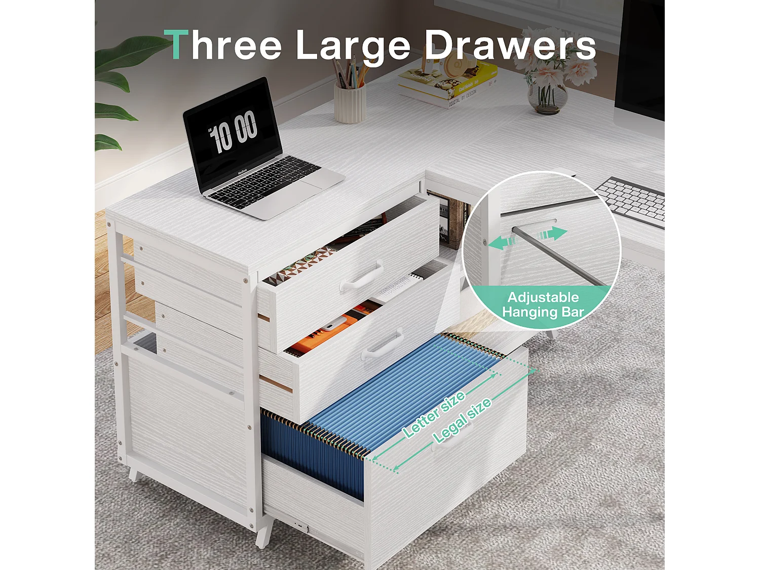 Bureau d'angle réversible en forme de L avec 3 tiroirs à dossiers suspendus et 2 étagères de rangement, blanc