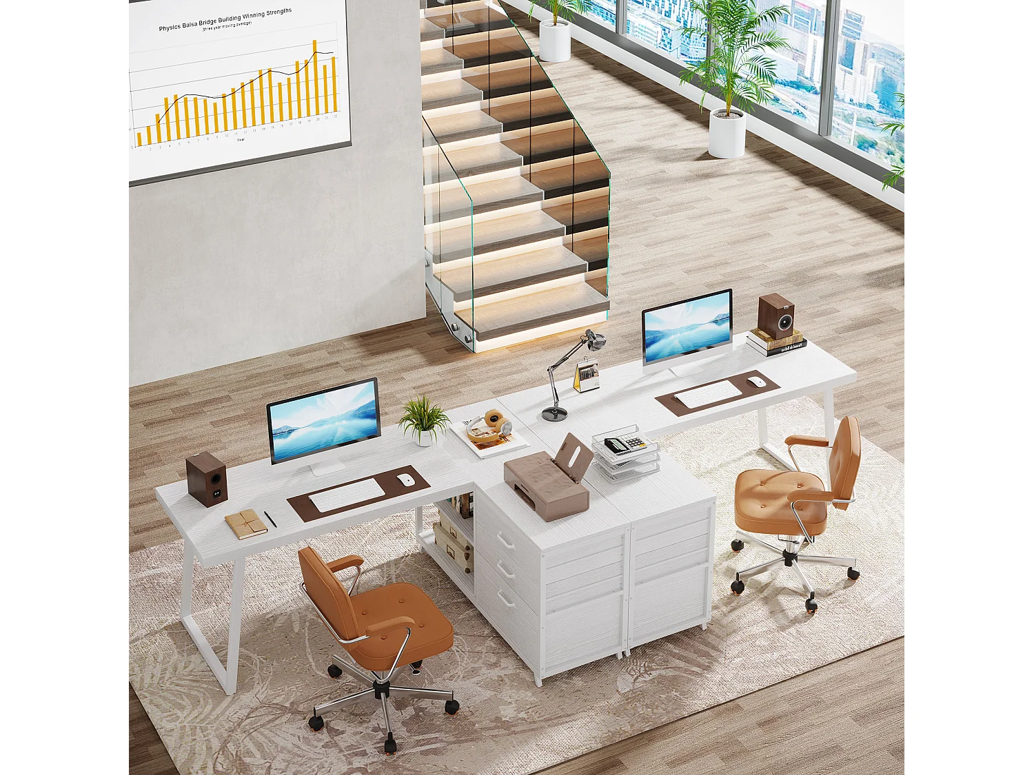 Bureau d'angle réversible en forme de L avec 3 tiroirs à dossiers suspendus et 2 étagères de rangement, blanc