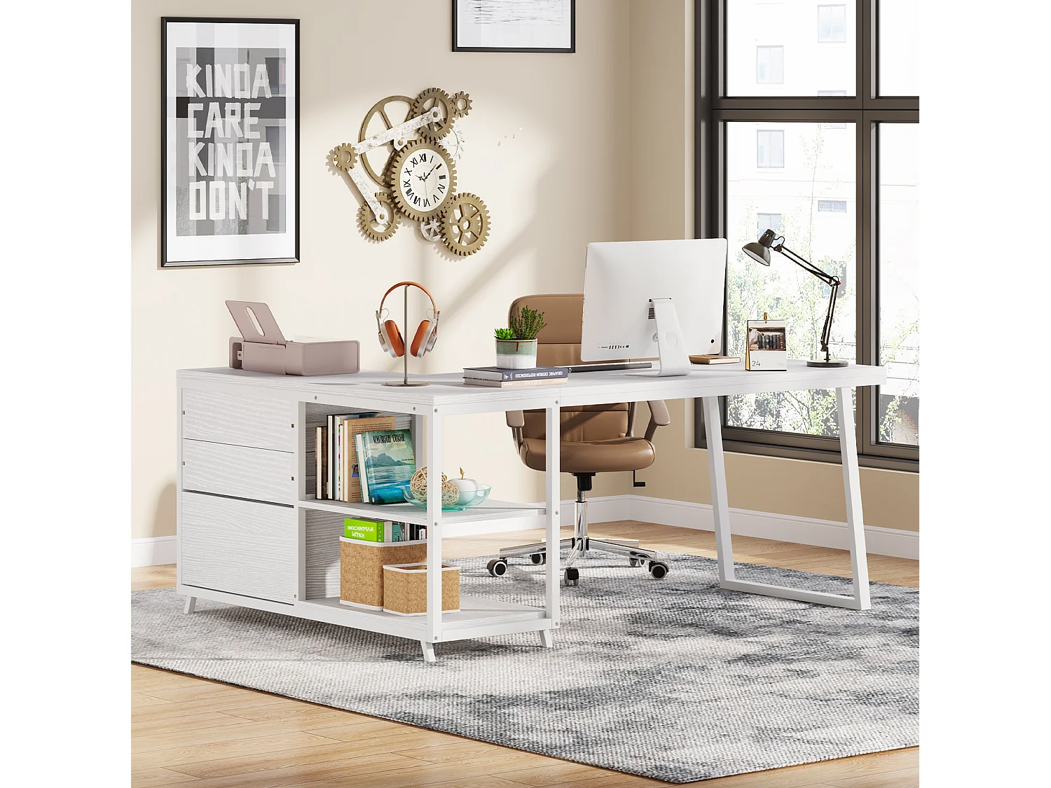 Bureau d'angle réversible en forme de L avec 3 tiroirs à dossiers suspendus et 2 étagères de rangement, blanc