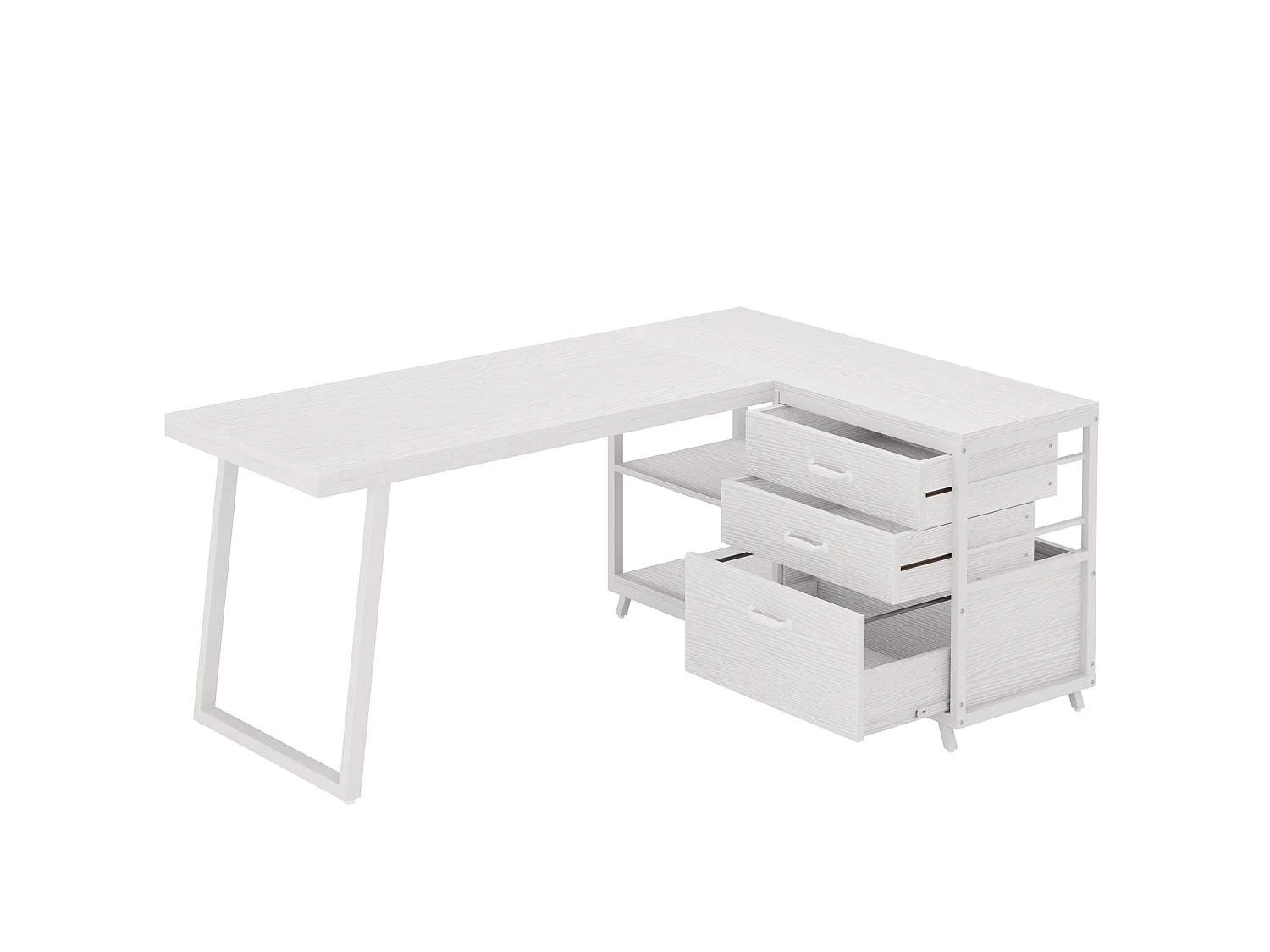 Bureau d'angle réversible en forme de L avec 3 tiroirs à dossiers suspendus et 2 étagères de rangement, blanc