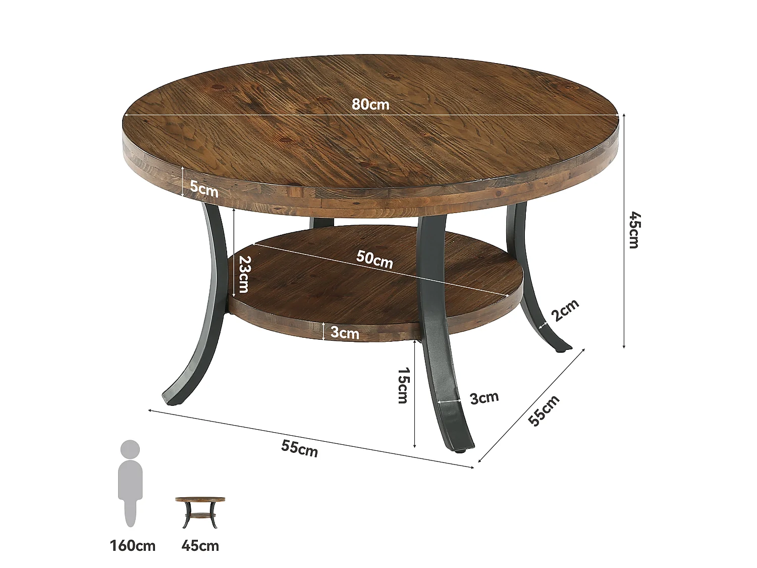 Table basse ronde en bois massif de 80 cm avec étagère de rangement, style ferme, pour salon, 2 niveaux