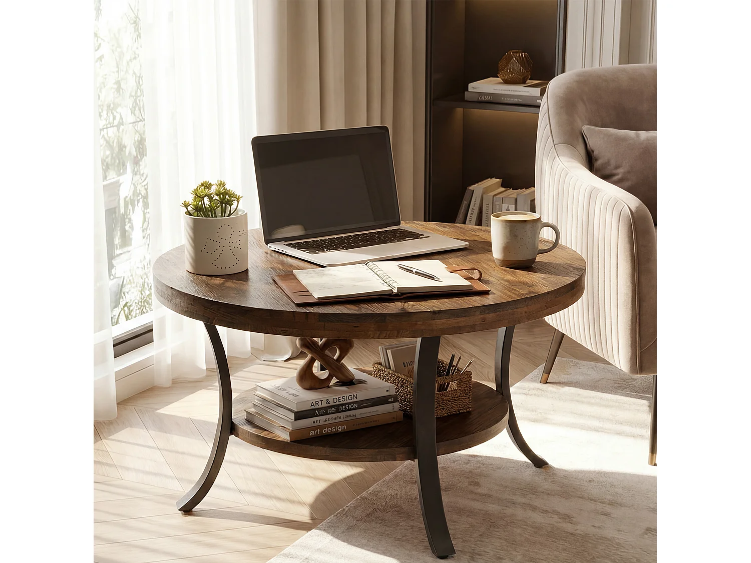 Table basse ronde en bois massif de 80 cm avec étagère de rangement, style ferme, pour salon, 2 niveaux